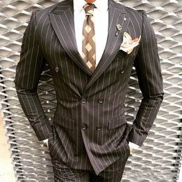 Fall Handsome Pinstripe Wedding Mens Suits Peaked Lapel Double Breasted Groom Wear 2 Piece Best Man Formal Blazer (Jacket+Pants)