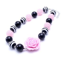 Pink+Black Color Design 2PCS Necklace Birthday Party Gift For Toddlers Girls Beaded Bubblegum Baby Kids Chunky Necklace Jewelry