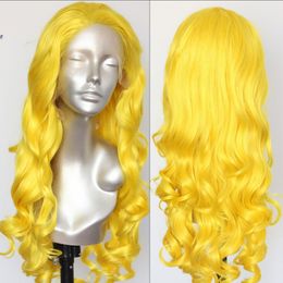 Fashion Glueless Long Yellow Body Wave Lace Front Wig Heat Resistant Synthetic Wigs for Black Women Free Parting 26inch cosplay party