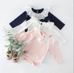 Baby Designer Clothes Rompers Girls Lace Collar Cotton Jumpsuits Summer Long Sleeve Triangle Bodysuits Kids Solid Casual Onesies AYP653