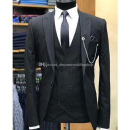 Handsome One Button Black Man Work Suit Peak Lapel Men Wedding Party Prom Dress 3 pieces Suits Groom Tuxedos (Jacket+Pants+Vest+Tie) K138