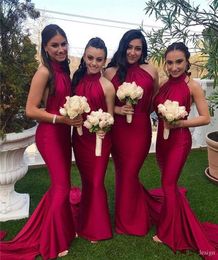 Cheap Red Bridesmaid Dresses For Weddings Country Garden Style Sheath Halter Neck Open Back Long Wedding Guest Dress Evening Prom Gowns