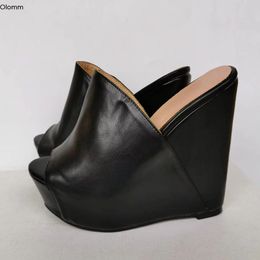 Ronitc Handmade Mulheres Plataforma Mules Sandálias Cunhas Altos Saltos Sandálias Open Tee Elegante Festa Negra Sapatos Mulheres Plus Size 5-20