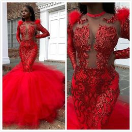 Arabic Aso Ebi Red Crystal Mermaid Prom Dresses Sexy Sparkly Lace Formal Evening Gowns Long Sleeve Cocktail Party Dresses Robe de soiree