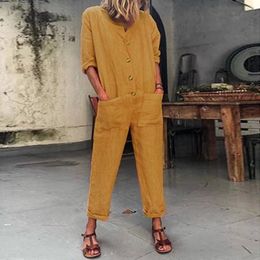 Rompers Spring Womens Baggy Jumpsuit Trousers Ladies Loose Crew Neck Playsuit Romper Female Long Sleeve Solid Buttom Jumpsuit Romper