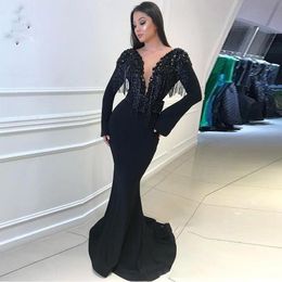 Tassel Black Mermaid Prom Dresses 2019 Vintage Long Sleeves Deep V Neck Open Back Evening Gowns Robe de soiree Abendkleider