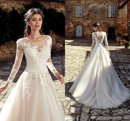 2019 Designer Country Lace Wedding Dresses Sheer Long Sleeves Appliqued A Line Tulle Long Bridal Gowns Cheap Custom Made BC0936