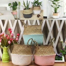 Household Handmade Bamboo Storage Baskets Foldable Laundry Straw Patchwork Wicker Rattan Seagrass Belly Garden Flower Pot Planter Basket