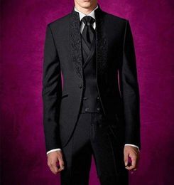 New Stylish Design One Button Black Groom Tuxedos Stand Collar Groomsmen Best Man Suits Mens Wedding Suits (Jacket+Pants+Vest+Tie) 902