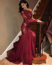 New Mermaid One Long Sleeve Prom Dresses with Lace Applique Chiffon Sweep Evening Dresses Formal Celebrity Gowns Party Dresses A31