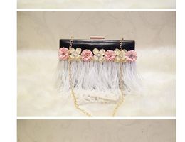 Black PU leather new feather flower small square bag chain shoulder messenger bag style creative women's bag