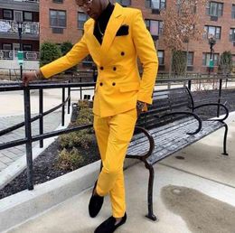 Yellow Groom Wedding Tuxedos Men Groom Suits Peaked Lapel Slim Fit Double Breasted Prom Party Blazer Jacket (Jacket+Pants)