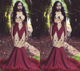Sexy Burgundy Prom Dresses 2019 South African Black Girls Gold Appliques Holidays Graduation Wear Evening Party Gowns Custom Made Plus Size