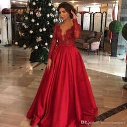 Elegant Dark Sexy Red Evening Dresses Pluning Neck Sheer Long Sleeve Lace Appliques Satin Formal Prom Gowns Plus Size Robe De Mariee