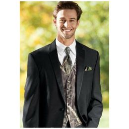 Fashion Black Groom Tuxedos 2019 One Button Slim Fit Notched Lapel Groomsman Suit Wedding Party Suit Porm Suits(Jacket+ Camo Vest+ Tie)