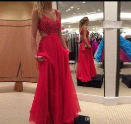 2019 Backless V Neck Sleeveless Prom Dress Red Chiffon Formal Holidays Wear Graduation Evening Party Pageant Gown Custom Made Plus Size