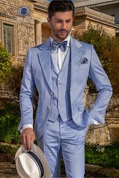 Light Blue Groom Tuxedos Notch Lapel Groomsman Wedding Tuxedos Fashion Men Formal Business Prom Dinner 3 Piece Suit(Jacket+Pants+Tie+Vest)28