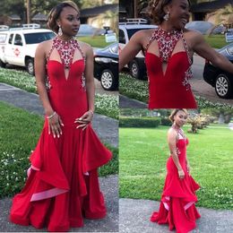 Elegant Red African Beads High Neck Mermaid Prom Dresses Floor Length Ruffles Vestidos de festa Satin Formal Dress Evening Party Gowns