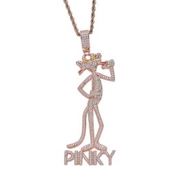 Iced Out Pink Panther and Sons Pendant Necklace Micro Paved Zircon Gold Silver Plated Bling Hip Hop Jewellery
