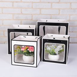Black White Transparent window Square tote bag Holiday gift boxes transparent packaging bags creative flower bag LX2165