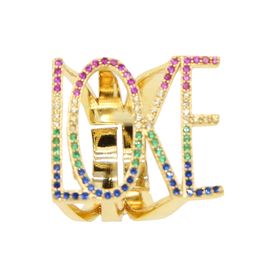 Wholesale- Gift for lover girlfriend Gold filled rainbow cz paved love letter open adjust women rings trendy Jewellery