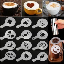 -Kaffeeschablone Filter Kaffeemaschine Cappuccino Barista Mold Templates Streauen Blumen Pad Spray Art Kaffee-Werkzeuge 16pcs / lot XD22961