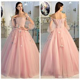 Off the Shoulder Tulle Prom Dresses A Line 3D Handmade Flower Lace Up Back Long Evening Dresses Custom Size