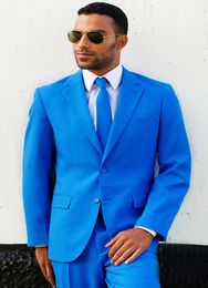 Popular Royal Blue Men Wedding Tuxedos Notch Lapel Twpo Button Groom Tuxedos Formal Prom/Dinner Excellent Men Blazer Suit(Jacket+Pants+Tie)