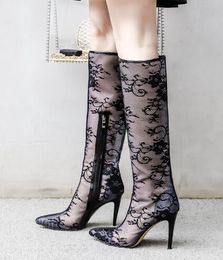 Women Summer Mesh Transparent High Heel Boots Black Embroider Stiletto Lace Long Boots Real Leather PointedToe Boots