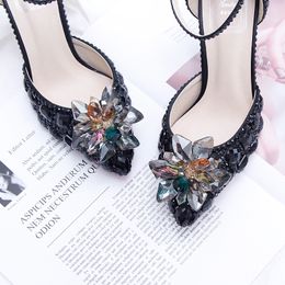 Black Rhinestone Wedding Bridal Shoes Pointed toe Ankle Straps Banqauet Party Prom Shoes Crystal Cinderella Prom Pumps