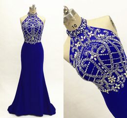 Royal Blue Trumpet Prom Homcoming Dresses 2020 High Neck Beading Crystal Open Back Mermaid Evening Gowns Formal Dress Wear Real Image