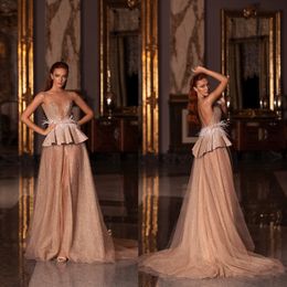 Front Split Prom Dresses Jewel Neck Sleeveless Beaded Feathers Tulle Party Gowns Sweep Train Prom Gowns