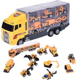 Container Truck Large Truck Transporter-Alloy Metal Car Model Portable Storage Box Boy Toy Yellow Container with 11 Small Projects