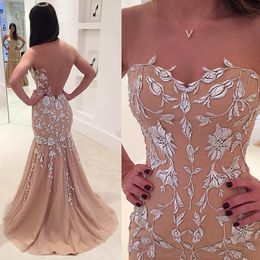 Champagne Mermaid Beaded Evening Dresses Sheer Bateau Neck Backless Formal Dress Appliqued Chiffon Sweep Train Prom Gowns