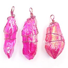 10Pcs Fashion Rainbow Rose Red Titanium Coated Natural Raw Quartz Crystal Point Stone Pendant Wire Wrapped Irregular Rough Gemstone Charm