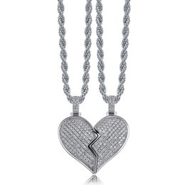 Iced Out Lovers Couple Hearts Pendant Necklace Statement Gold Silver Color Cubic Zircon Hip Hop Jewelry