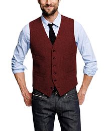 2020 New Groom Vests Attire For Wedding Groomsmen Wool Herringbone Tweed Slim Fit Mens Suit Vest Farm Prom Dress Waistcoat 10 Colours 228