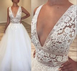 Cheap Sexy Deep V Neck Wedding Dress A Line Appliques Lace Beach Country Garden Church Formal Bridal Gown Custom Made Plus Size
