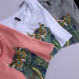 New Fashion Vintage T Shirt Women Summer Tops Beading Diamond Sequins Owl Print T Shirt Women Cotton Black Tops White Plus Size Y19072701