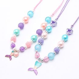 Charm Girls Mermaid Tail Pendants Necklace Chunky Baby Bubblegum Beads Necklace Adjustable Rope Jewellery Kids Gift