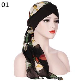 Wholesale-Jersey Plain Head Scarf Chemo Turban Pre-Tied Flowers Printed Shawl Soft Silk Chiffon Long Tail Cap