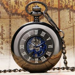 Steampunk Black Roman Number Cover Watches Unisex Skeleton Hand-Winding Mechanical Pocket Watch Pendant Chain for Men Women Gift