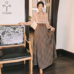 YOSIMI 2020 Autumn Winter Long Sleeve Blouse Top and Woollen Plaid Skirt and Top Set Suit Women Two Piece Outfits Sweater Skirt
