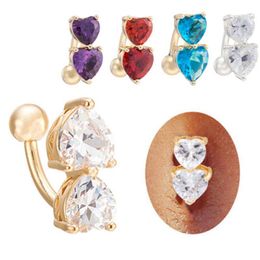 cute belly buttons Australia - Cute Double Heart Zircon Navel Button Rings For Women Geometric Gold Color Stainless Steel Belly Button Rings Fashion Body Jewelry Wholesale