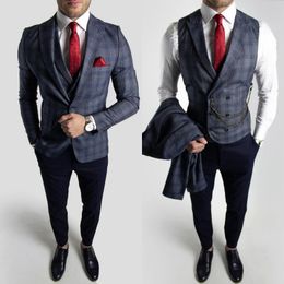 Navy Plaid Wedding Groom Tuxedos Summer Handsome Grey Slim Fit Pants Suits Prom Party Mens Formal Wear(Jacket+Vest+Pants)