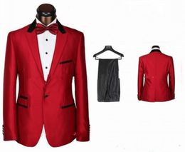 New Hot Sale Center Vent One Button Red Groom Tuxedos Peak Lapel Groomsmen Best Man Mens Wedding Suits Prom Suit (Jacket+Pants+Tie) 1524