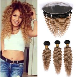 #1B/27 Honey Blonde Ombre Malaysian Hair Weaves Deep Wave with Lace Frontal 13x4 Ombre Light Brown Human Hair Bundles with Frontal Closure