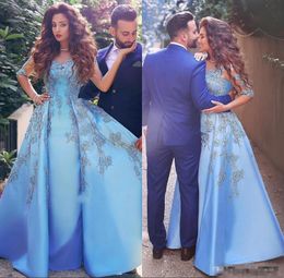Evening Gorgeous Blue Dresses Satin Lace Applique Floor Length 1/2 Half Sleeves Illusion Custom Made Arabic Prom Party Gown