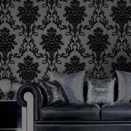 Soft touch feeling Classic Damask Wallpaper black Velvet Non-Woven 3D Embossed Floral Wall Covering Living Room For Home Wall Decoration