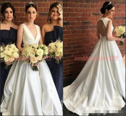 Simple Satin A Line Dresses Sexy Deep V Neck Straps Backless Sweep Train Pleats Plus Size Country Wedding Gown Robe De Mari e